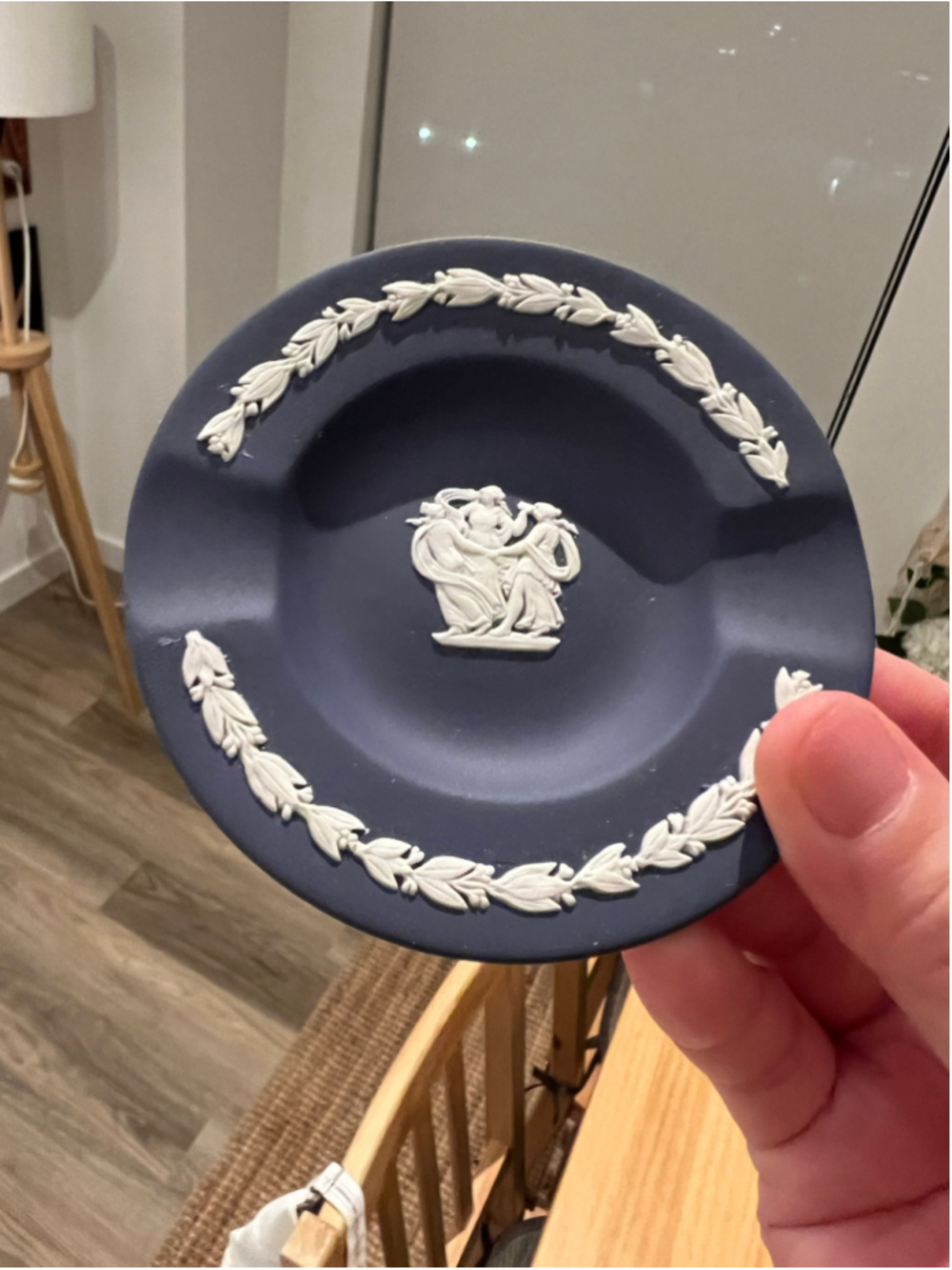 Wedgwood Navy BlueJasperware Trinket Dish or Ashtray with White Classical Relief